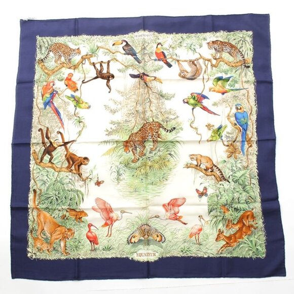 Hermes Carre 90 Equateur Equator Silk Scarf Animal Bird Blue White